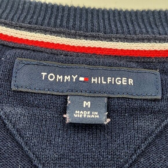 Tommy Hilfiger Logo Sweater Mens Size Medium Colorblock V Neck 90s Retro Preppy - Picture 4 of 7